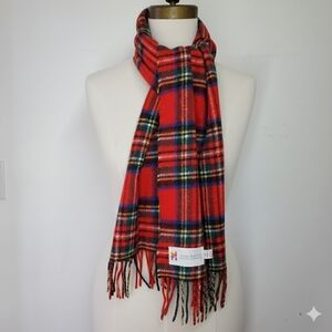John Hanly 57x12" Scarf 100% Lambswool Plaid Tartan Red Blue Unisex Ireland